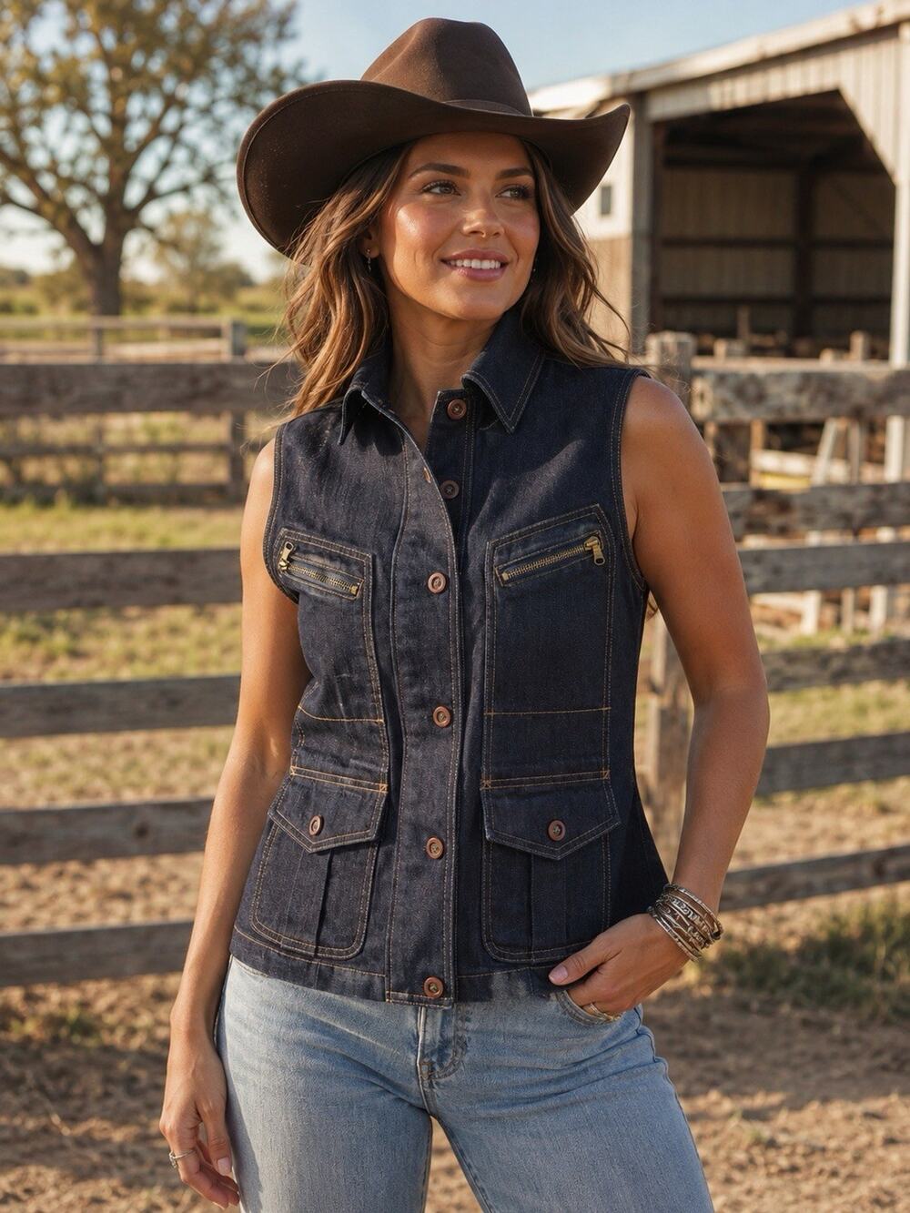 Ralph Lauren Jeans Co. Denim Western Women's Vest Sz L Zip Blue Dark Wash NEW